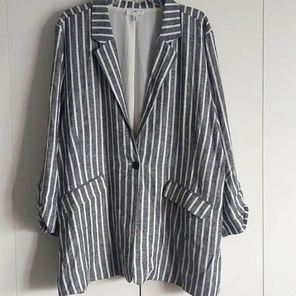 Striped Linen blend blazer Jacket XXL lightweight black/white Preppy